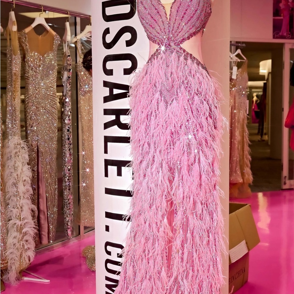 Portia and Scarlett Dusty Rose Feather & Beaded Slit Prom Gown - Picture 5 of 5